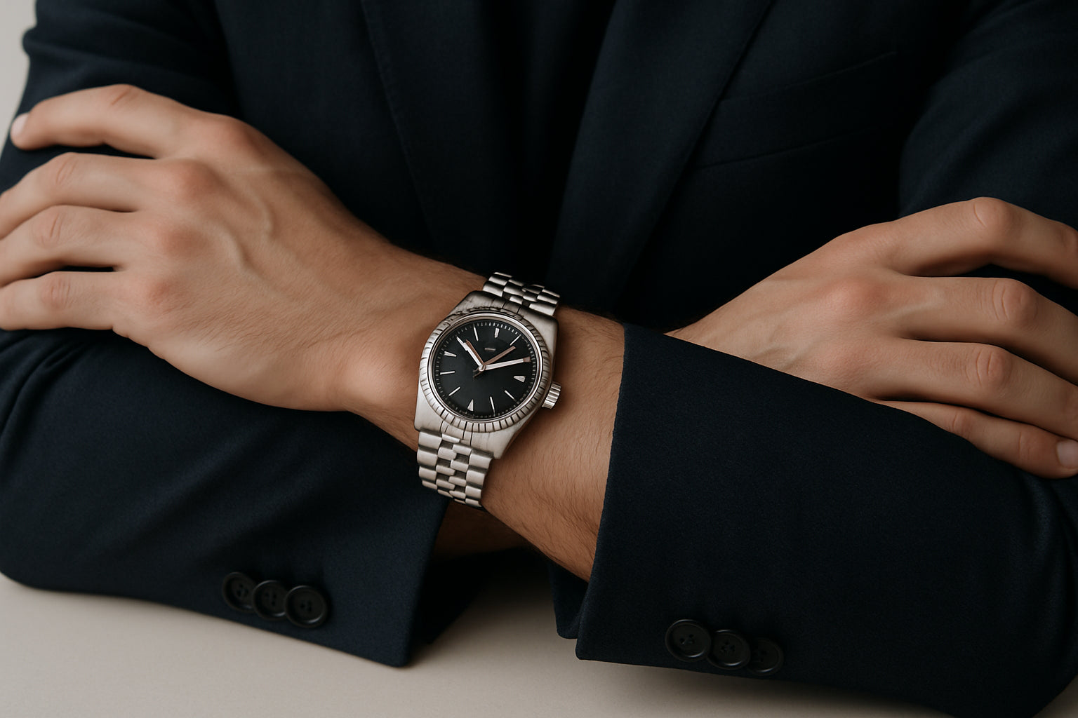 generate me a pic of man wearing  rolex premium watch just show his arms and don't add any heading or line or any words i need it for my banner
